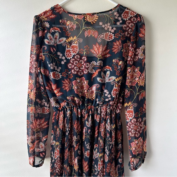 Maeve Anthropologie Apulia Pleated Midi Knee Length Dress Long Sleeve Floral XS - Picture 14 of 15